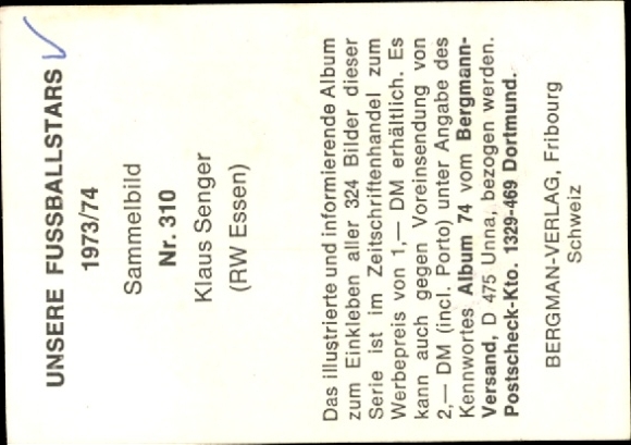 Obraz kolekcjonerski gwiazdy futbolu 1973/1974, zdjęcie nr 310, Klaus Senger, RW Essen