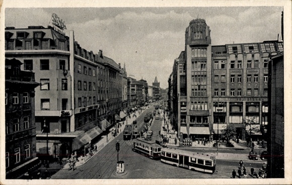 Postcard Praha Prague, Graben, tram