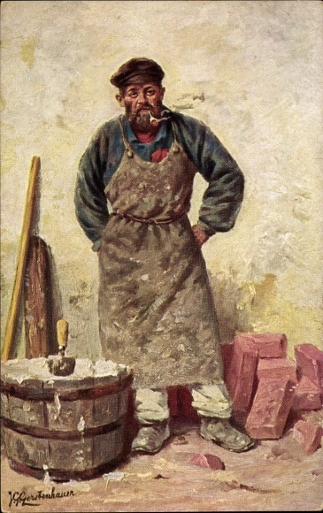 Artist PC Gerstenhauer, Johann Georg, bricklayer with pipe, bricks