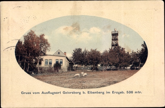 Embossed passepartout PC Geiersberg Burkhardtsdorf in the Ore Mountains, observation tower, goats, house