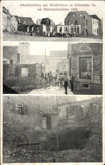 Ak Siebenlehn Großschirma in Sachsen, Schachteinsturz, Brandruinen, 1905
