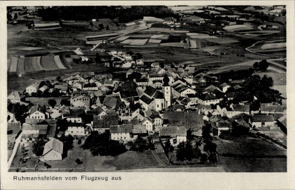Postcard Ruhmannsfelden in the Bavarian Forest, Ruhmannsfelden from the plane, houses, streets, fields
