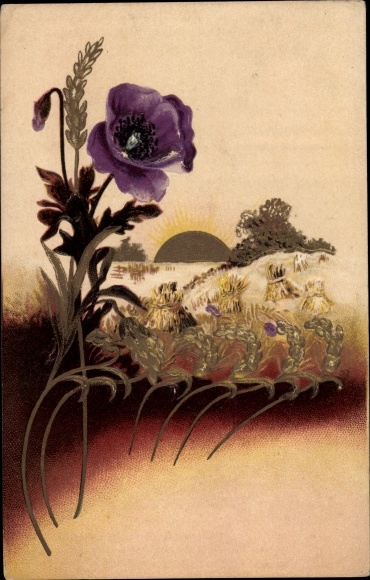 Embossed Postcard Cueillies pour vous, poppies, grain field