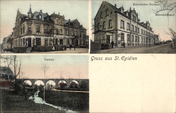 Ansichtkaart Sankt Egidien in Saksen, viaduct, keizerlijk postkantoor, Bahnhofstrasse