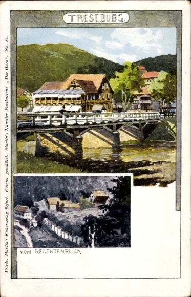 Künstler Ak Treseburg Thale, Blick vom Regentenblick, Brücke
