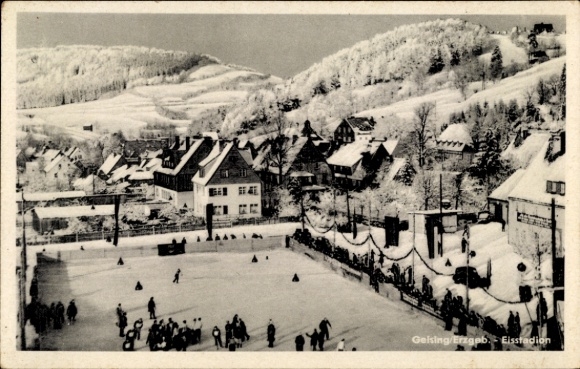Postcard Geising Altenberg in the Ore Mountains, ice rink, snow-covered landscape, mountainous surroundings, h...