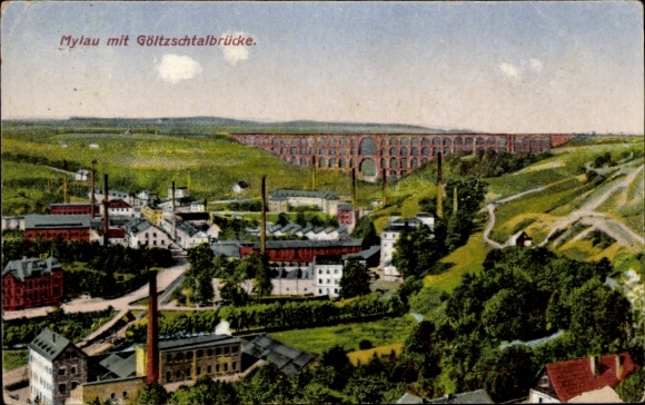 Ak Mylau Reichenbach im Vogtland, Blick auf  Göltzschtalbrücke, Fabriken, Landschaft