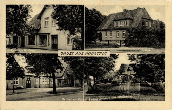 Postcard Horstedt Lower Saxony, H. Otten department store, school, Gasthof zur Post, memorial