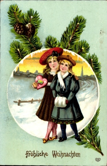 Ak Vrolijk Kerstfeest, Twee meisjes in winterkleding, dennentak