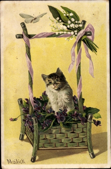 Künstler Präge Ak Mailick, Katzenbaby in einem Blumenkorb, Schmetterling