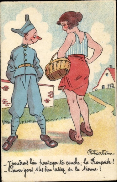 Artist Postcard Young woman and soldier in uniform, couple