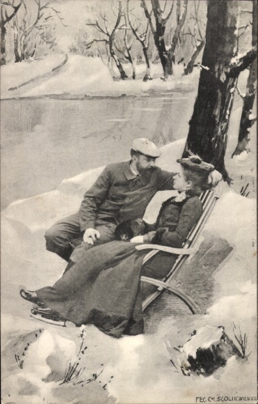 Postcard Lovers on the lakeshore, ice skates