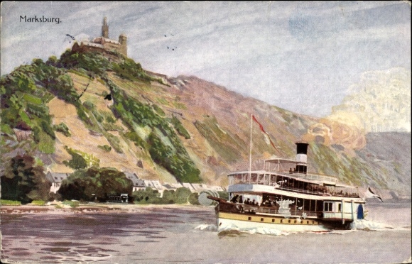 Artist PC Braubach am Rhein, Marksburg, Cologne Düsseldorf Rhine steamship, Rhine steamer