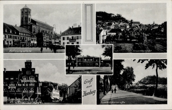Postcard Homburg in the Saarpfalz, Befreiungsplatz, train station, greetings from Zweibrückerstraße, general view