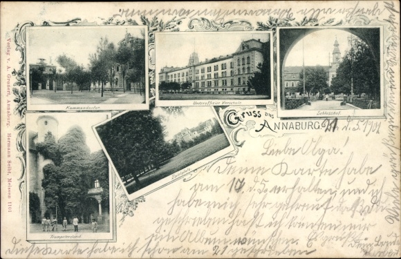 Postcard Annaburg in Saxony Anhalt, headquarters, non-commissioned officer pre-school, courtyard, trumpeter stand