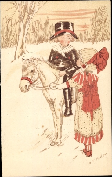 Artist PC Miller, HT, boy riding on pony, girl