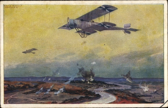 Artist PC Schulze, Hans Rudolf, military biplane on a reconnaissance flight on the Marne, WWI