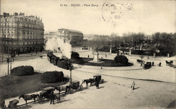 PC Dijon Côte d'Or, historical view, Place Darcy, railway line, carriage, statue