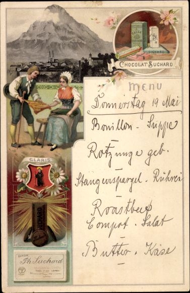 Menu reklamowe Chocolat au Lait Milka Suchard, Glaris Glarus, herb, kostium