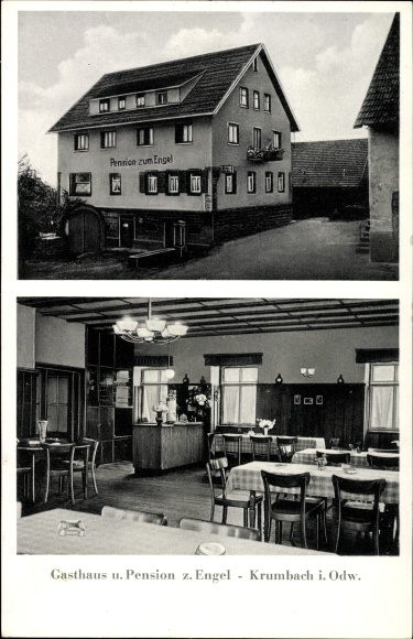 Postcard Krumbach Fürth in the Odenwald Hesse, inn and guesthouse to the angel, Bes. Schwab