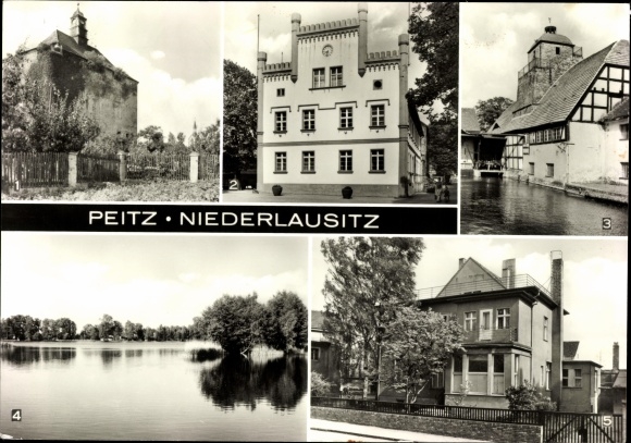 Ak Peitz in Neder-Lausitz, vestingtoren, gemeentehuis, hamermolen, polikliniek, vijver
