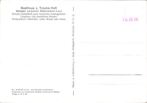 Postcard Lauf in Baden Schwarzwald, aerial photograph, Gasthaus z. Traube-Hauf