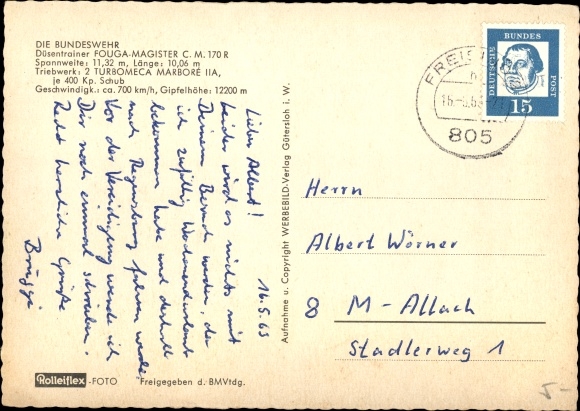 Postcard Deutsche Bundeswehr, Düsentriner Fouga Magiser CM 170 R, AA-259
