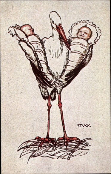 Artist AK Stuck, birth, stork brings two children, donation for infant and small child protection