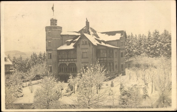 Postcard Braunlage in the Harz Mountains, snow-covered Villa Waldhöhe, high tower, quiet location, inviting atmosphere