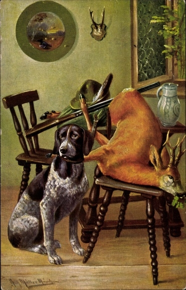 Artist PC Müller, August, hunting dog, killed deer