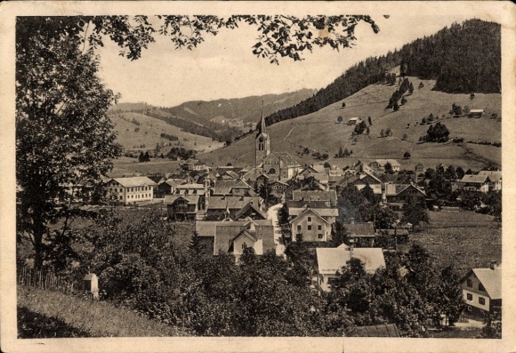 Postcard Oberstaufen in Allgäu, small town view, church, mountains, atmosphere