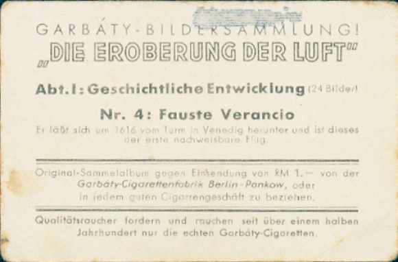 Collector's card The Conquest of the Air, Part I No. 4, Fauste Verancio