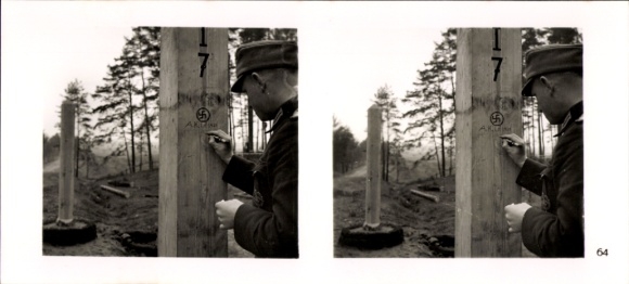 Stereo image photo "The Führer's soldiers in the field", No. 64, border post, demarcation line