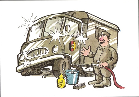 Artist Postcard Muzeniek, Peter, NVA, National People's Army, soldier washes truck with broken wheel