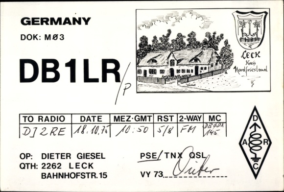Ak Leck in Nordfriesland, QSL Funkerkarte DB1LR, Dieter Giesel, Wappen