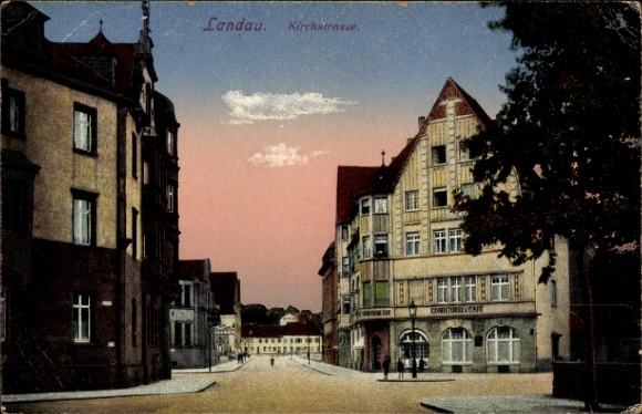 Postcard Landau in der Pfalz, Kirchstraße, building, pastry shop,