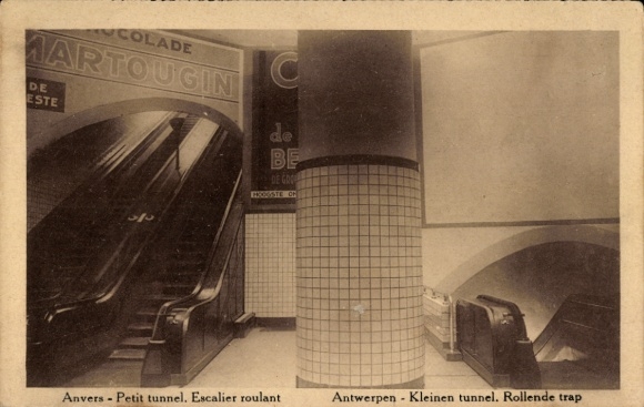 Postcard Antwerp, Small Tunnel, Escalator, Advertising Board Chocolade Martougin
