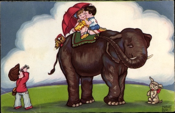 Artist PC Boriss, M., lovers riding on an elephant, dog