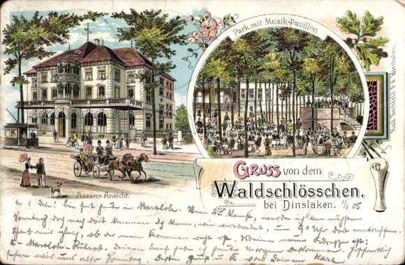 Litho Dinslaken am Niederrhein, Gasthaus Waldschlösschen, Park, Musikpavillon