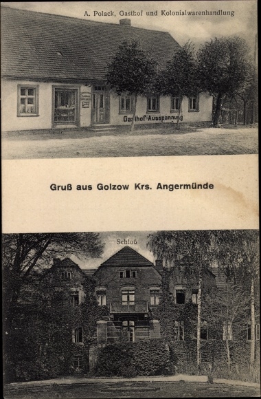 Postcard Golzow Chorin near Eberswalde, inn and grocery store, castle