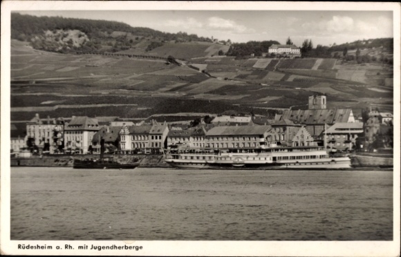 Postcard Rüdesheim am Rhein, youth hostel, ships, vineyards