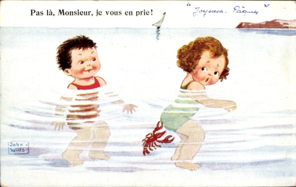 Artist Postcard Wills, John, Bathing Children, Lobster