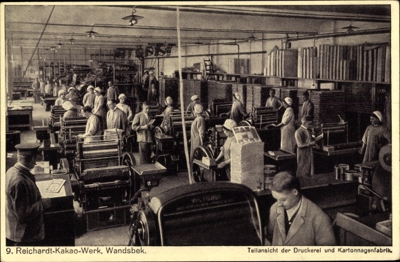 Ansichtkaart Hamburg Wandsbek, cacaofabriek Reichardt, drukkerij en kartonfabriek