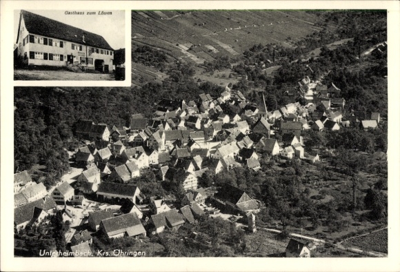 Postcard Unterheimbach Bretzfeld in Württemberg, aerial photograph, Gasthaus zum Löwen