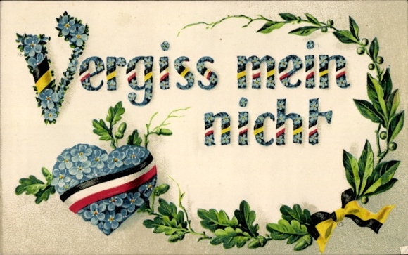 Postcard Forget me not, laurel wreath, oak leaves, patriotism I. WK