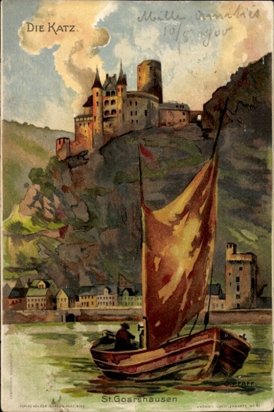 Kunstenaar litho Sankt Goarshausen am Rhein, kasteel Katz