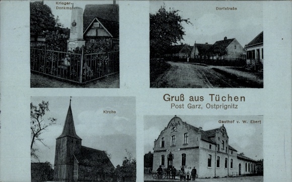 Postcard Tüchen Groß Pankow in der Prignitz, war memorial, church, inn W. Ebert, Dorfstraße