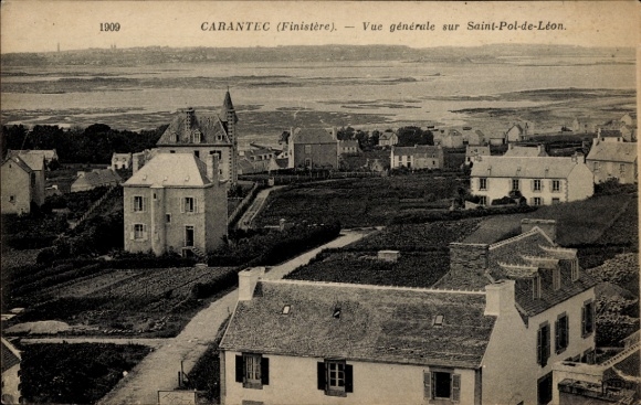 KP Carantec Finistère, 1909, widok na Saint-Pol-de-Léon, piękny krajobraz, domy