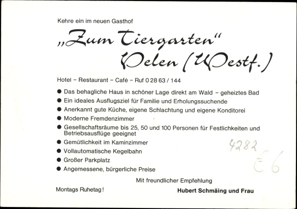 Postcard Velen in Westphalia, Hotel Restaurant Zum Tiergarten, Innenansicht