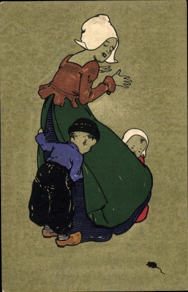 Artist Postcard Woman and Children in Dutch Costume, Mouse